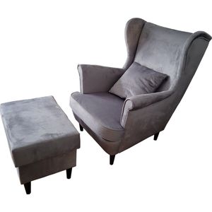 Lounge fauteuil met voetsteun - fauteuil + poef + kussen - grijs + zwarte poten - Maxi Maja
