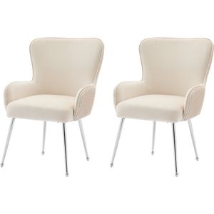 Gotagee Eetkamerstoel Set van 2 Woonkamerstoel Slaapkamerstoel Loungestoel met zilveren metalen steunpoten Armleuningstoel Lendensteun Beige fluweel