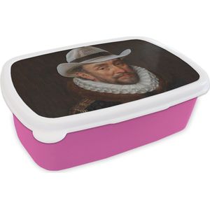 Broodtrommel Roze - Lunchbox - Brooddoos - Willem van Oranje - Adriaen Thomasz - Cowboyhoed - 18x12x6 cm - Kinderen - Meisje