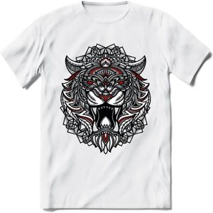 Tijger - Dieren Mandala T-Shirt | Rood | Grappig Verjaardag Zentangle Dierenkop Cadeau Shirt | Dames - Heren - Unisex | Wildlife Tshirt Kleding Kado | - Wit - 3XL