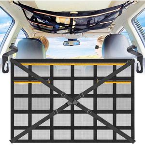 Autobagagenet 90 × 65 cm Universeel opbergnet met verstelbare kruisbanden en 3 onafhankelijke ritsvakken voor vier dakarmsteunen Jeep, bestelwagen, SUV