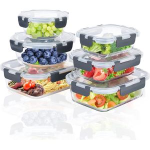 Voedselopslagcontainers met deksels, 6 stuks voedselopslagcontainers van glas met verbeterd deksel, BPA-vrij voor voedsel en lekvrij, glazen containers met deksels voor oven/vriezer, grijs
