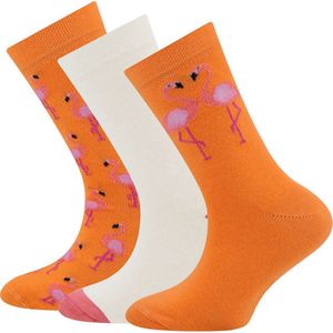 Ewers Kindersokken - 3-Pack - Oranje & Roze Flamingo's - Effen Wit & Roze-31/34