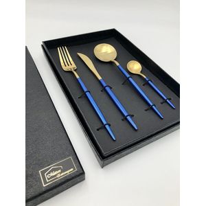 Maison Extravagante - Luxe Bestekset MACAU - 4-delig - RVS - Inclusief zwarte opbergdoos - Goud/Blauw