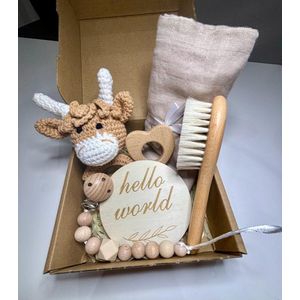 Playos® - Baby Giftset - Koe - Taupe - 6 delig - Kraamcadeau - Bijtring - Speenkoord - Babyshower - Geschenkset Baby - Baby Speelgoed - 0 Jaar - Geboortecadeau