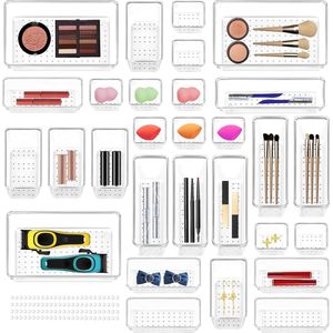 Pakket van 30 transparante lade-organizers voor badkamer, cosmetica, dressoir, keuken, kantoor enz