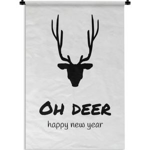 Wandkleed Quotes kerst - Leuk kado voor kerstmis - Oh deer happy new year wit Wandkleed katoen 90x135 cm - Wandtapijt met foto