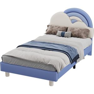 Merax Kinderbed 90x200 - Regenboog - Wolk - Eenpersoonsbed - Houten Bed met Kunstleer - Blauw