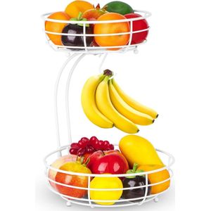 Fruitmand met bananenhouder, 2 verdiepingen, fruitschaal van metaal, voor keuken, staand, moderne fruitschalen, decoratieve groentemand, fruitschaal, zilver