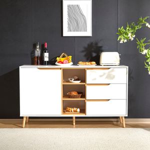 Sweiko Dressoir - Ladekast - 3 legplanken + 3 laden - Kantelbeveiliging - Wit + Natuurlijk