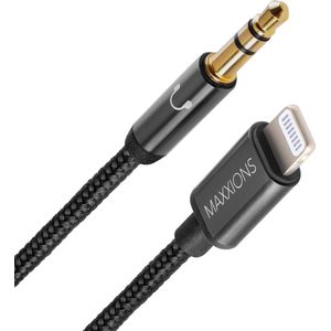 Maxxions Kabel geschikt voor Apple iPhone 6 t/m 14 - MFi-gecertificeerd - 1.2 m/120 cm - Aux Kabel Auto - Space Gray - Geschikt voor Lightning naar Jack (3.5 mm)