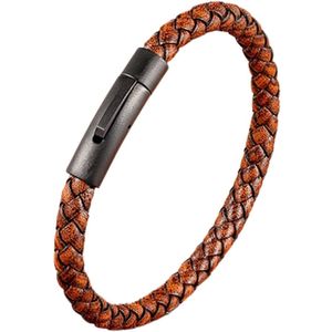 Malinsi Armband Heren - Bruin - Gevlochten Leer met RVS Kliksluiting - Armbandje Mannen 21 cm - Vaderdag Cadeau