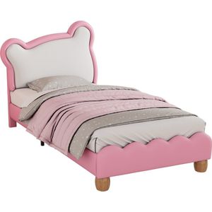 Merax Kinderbed met Beren Hoofdbord - Bed voor Kinderen - Kunstleer - Roze