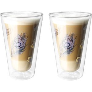 latte macchiato-glazen, pauwenveer, XXL, 450 ml, groot dubbelwandig borosilicaatglas, koffieglas, ook voor espresso, koffie, thee