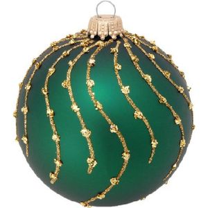 Chique Groene Kerstballen met Gouden Strepen - set van 3 stuks - met de hand gedecoreerd