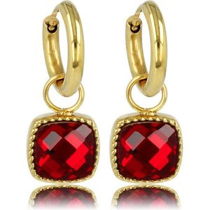 My Bendel Stijlvolle goudkleurige oorring met rode glassteen 30 mm - Goudkleurige oorringen met vierkante donkerrode glassteen - Met luxe cadeauverpakking