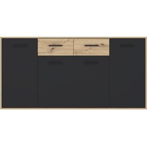 PILVI dressoir - Eigentijdse stijl - Melaminedeeltjes - Eiken en zwart decor - 4 deuren + 2 laden - L 162,3 x D 34,2 x H 81,7 cm