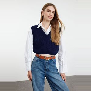 Trendyol Bruine Cropped Gebreide Trui Met V-Hals Twoaw22Bz0049