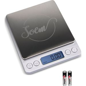 SOEM® Keukenweegschaal Digitaal met Weegbakjes – Compacte Precisie Weegschaal 0.1 gram – Koffie Weegschaal – RVS Weegschaal – Tarra functie