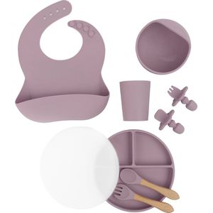 Yunioo 9-delig baby en kinderservies set met o.a. slabbetje, bord met zuignap en deksel, drinkbeker en kinderbestek | Superieure kwaliteit siliconen| Magnetron-, Oven- & Vaatwasserbestendig | Vergrijsd roze