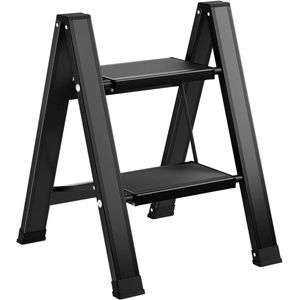 Inklapbare trapladder met 2 treden - lichte aluminium vouwladder - zwart