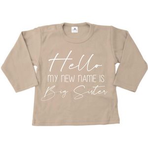 T-Shirt voor een grote zus-Bekendmaking zwangerschap-beige-hello-big sister-Maat 104
