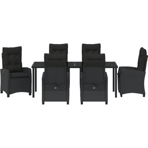 vidaXL - 7-delig - Tuin - Eetset - met - Kussens - Zwart - Poly - Rattan
