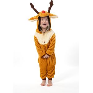 KIMU Onesie Rendier Pakje - Maat 110-116 - Rendierenpak Kostuum Bruin Eland Hert Pak - Kerst Pyjama Zacht Huispak Jumpsuit Jongen Meisje Kerst Kado