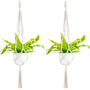 Macramé plantenhanger, set van 2, katoenen touw, hanglamp, bloempot, plantenhouder, hanger voor binnen, geschenk, decoratie, boho (beige)