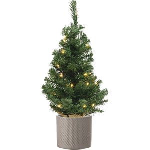 Volle mini kerstboom groen in jute zak met verlichting 60 cm - Inclusief taupe plantenpot 12,5 x 13,5 cm - Kunstboompjes