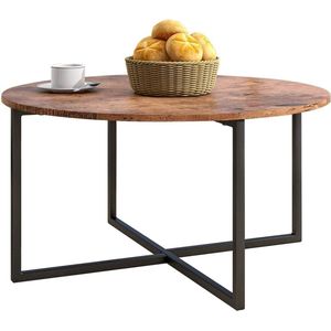 Ronde salontafel, bijzettafel, sofa tafel, salontafel, metalen onderstel en een houten tafelblad, industriële en Scandinavische interieurontwerp, woonkamertafel, modern, zwart.