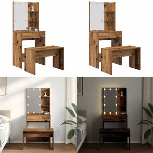 vidaXL Kaptafelset met LED-verlichting bewerkt hout oud houtkleurig - Kaptafel Set - Kaptafel Sets - Kaptafel - Ijdelheid Tafel