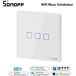 Sonoff - WiFi + RF - Drievoudige Schakelaar - Wit - 3-Gang Touchschakelaar - Glazen paneel - Model: TX | T0EU3C - Geschikt voor Google home & Amazon Alexa
