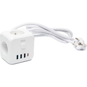 .Bohemic by 2iX - 7 in 1 Stekkerdoos Kubus - 3 Stopcontacten + 3x USB + 1x Type-C PD - Aan/Uit-knop - Snoerlengte 1.5m - Wit