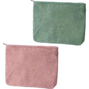 Set van 2 Corduroy make-uptassen roze groen draagbaar reis-make-uptasje - voor meisjes en dames - handtas - Meerkleurig 25 x 18 x 5 cm Make up tasje met spiegel