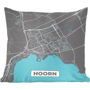 Sierkussens - Kussentjes Woonkamer - 50x50 cm - Plattegrond - Hoorn - Grijs - Blauw - Stadskaart