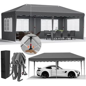 Tuinpaviljoen - Partytent - Partytenten - Paviljoen - Easy up Partytent - 3x6m - Waterdicht - Opvouwbare - Inclusief 4 Zijpanelen – Ideaal voor Evenementen, Feesten en Bruiloften – Donkergrijze Afwerking