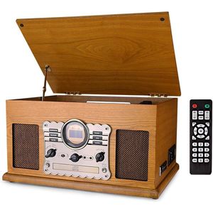 Platenspeler 7-in-1 met CD- en Cassettedeck – Vintage Houten Ontwerp – USB Speler – Niet-Bluetooth Vinyl Speler – Ingebouwde Stereo Speakers – USB Encryptie – 3,5mm AUX-Ingang