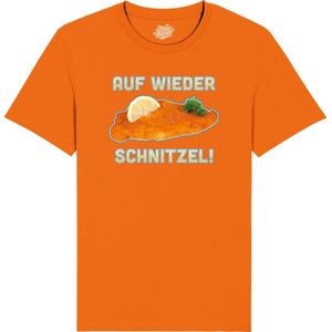 Auf Wieder schnitzel! - Grappige Apres Ski en Bier Wintersport Kleding - Mannen / Vrouwen / Unisex - Foute Ski en Snowboard Vakantie Outfit Cadeau - Unisex T-Shirt - Oranje - Maat 3XL