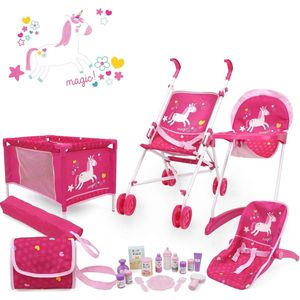 21-delige Unicorn Pop Speelset met Buggy, Hoge Stoel en Accessoires