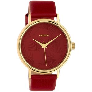 OOZOO Timepieces - Goudkleurige horloge met rode leren band - C10393