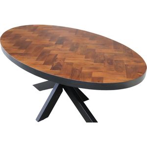 Eettafel ovaal mangohout visgraat 200x100cm Liv bruin ovale industriële tafel duurzaam mango eetkamertafel