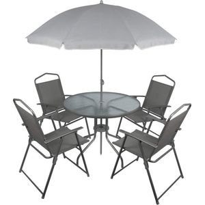 tuinsetmeubel- ronde tafel+ 4 stoelen + parasol- terrasmeubel- grijs- complete tuin set