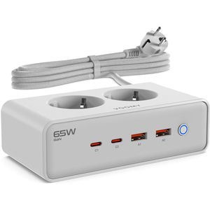 Voomy 65W Stekkerdoos - 2 USB-C & 2 USB-A Poorten - 2 Stopcontacten - Aan / Uit schakelaar - Snellader voor Laptop, Telefoon & Tablet - Oplader, Adapter, Verlengsnoer - Wit