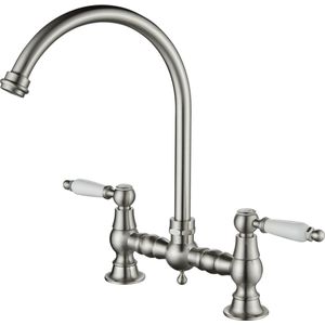 AquaTrimo Country 2 gats klassieke keuken nostalgische brug keukenkraan met ronde uitloop kleur RVS 21CT7655NM
