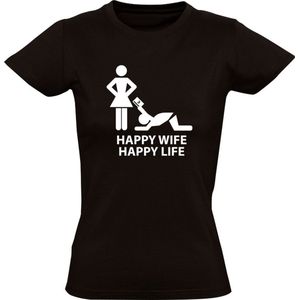 Happy wife Happy life Dames T-shirt - man - vrouw - relatie - shoppen - bankpas - geld - grappig