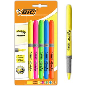 BIC Highlighter Grip Markeerstift - Willekeurige kleuren - Blister van 5 stuks