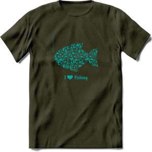 I Love Fishing - Vissen T-Shirt | Aqua | Grappig Verjaardag Vis Hobby Cadeau Shirt | Dames - Heren - Unisex | Tshirt Hengelsport Kleding Kado - Leger Groen - XXL
