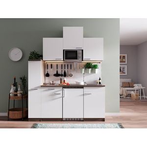 Goedkope keuken 180  cm - complete kleine keuken met apparatuur Oliver - Donker eiken/Wit - elektrische kookplaat  - koelkast  - magnetron - mini keuken - compacte keuken - keukenblok met apparatuur