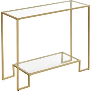 Hoppa! Consoletafel, tafel van gehard glas, moderne bank of bijzettafel, metalen frame, 2 planken, verstelbare poten, voor woonkamer, hal, goudkleur